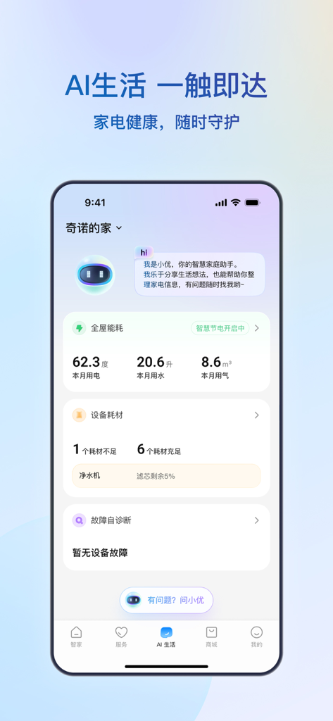 Interface of Haier Smart Home app featuring AI assistant and home energy consumption tracking