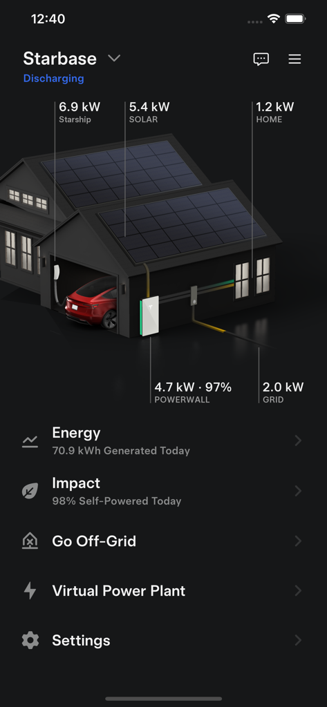 Tesla app home energy dashboard showing real time solar production and powerwall battery status
