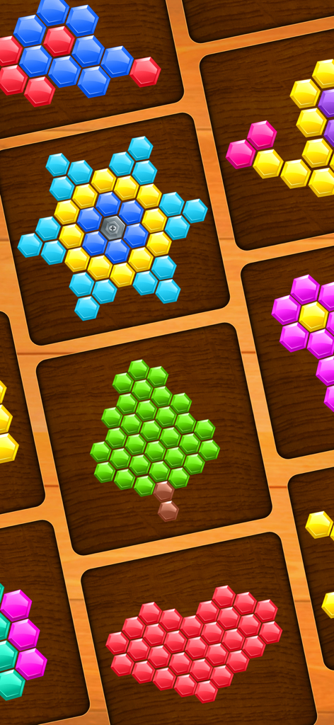 Uma variedade de níveis de quebra-cabeça de blocos hexagonais coloridos mostrando formas como uma estrela, uma árvore e um coração em um fundo de madeira.