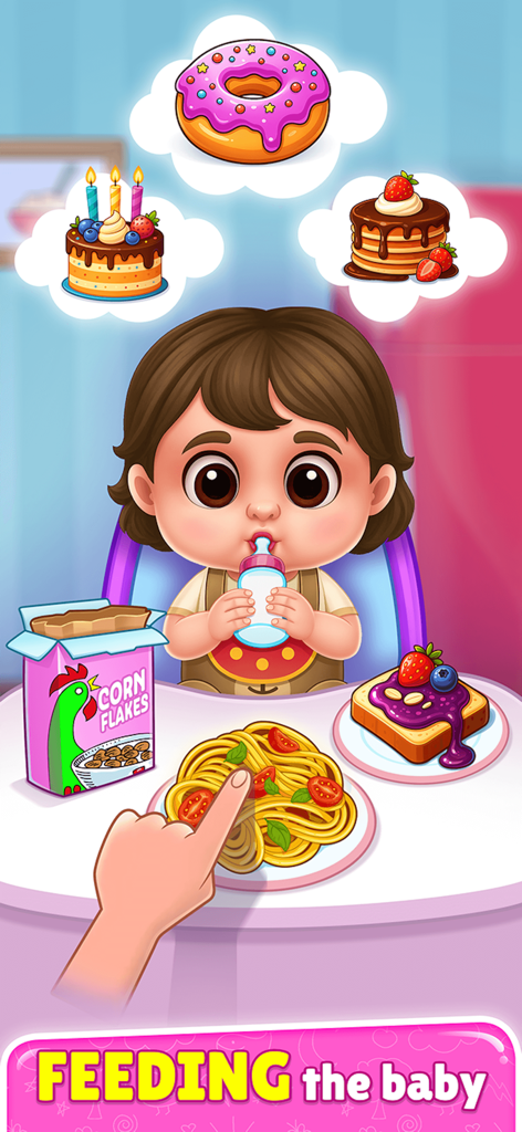 BabySitter DayCare Games - Cartoon baby girl sitting at a table with different food choices in a daycare simulation game