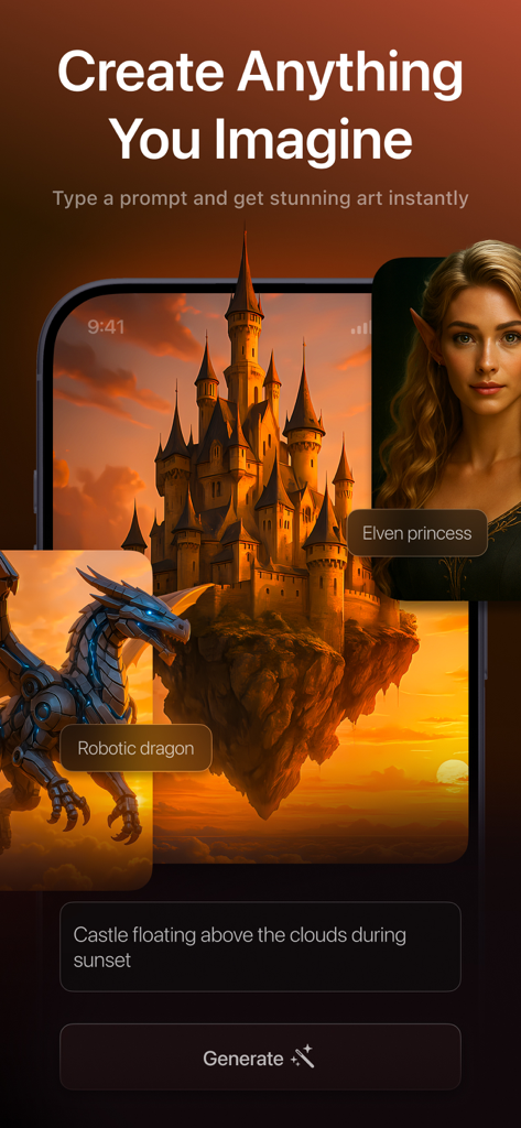 Image Generator - Photix - Photix app interface showing AI generated fantasy art like a floating castle and elven princess from text prompts
