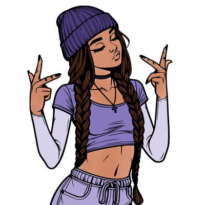 realistic teenage girl with braids and a beanie and crop top doing 🫶🏼