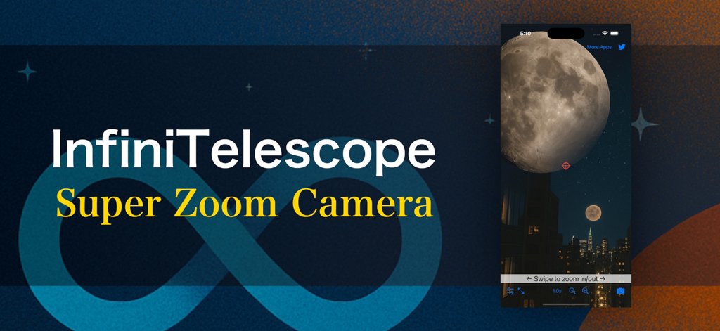 Zoom Camera :InfiniTelescope - InfiniTelescope app interface showing a super zoomed view of the moon over a city skyline