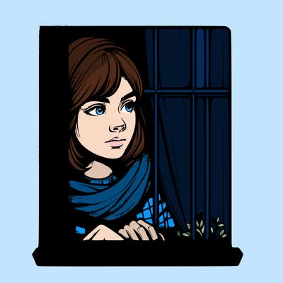 realistic girl looking out of a window