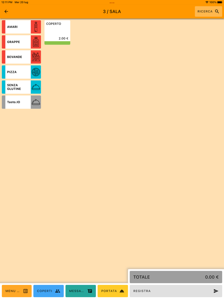 Interfaz de gestión de pedidos TPV Tavolinux 3 en iPad que muestra categorías de menú y opciones de pago