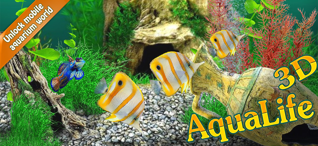 AquaLife 3D - A 3D mobile aquarium simulation featuring colorful tropical fish and underwater decorations including an ancient clay jar and coral.