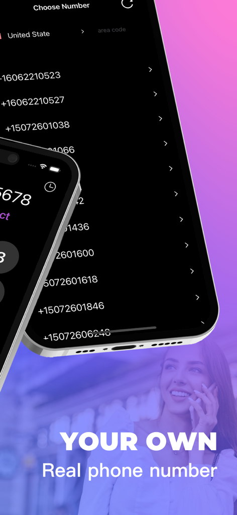 Texting App: Text + Call - Selection screen for choosing a private United States phone number for calling and texting.