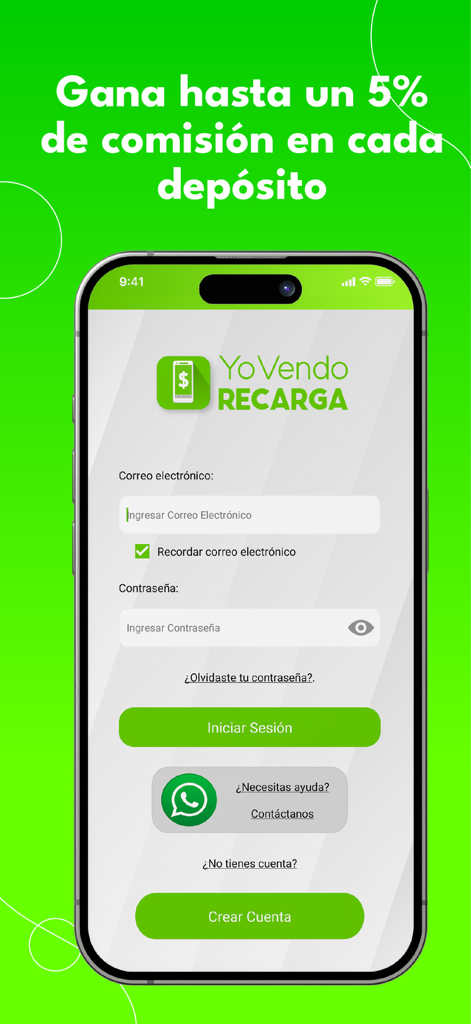 YoVendoRecarga mobile app login screen featuring a five percent commission offer on deposits