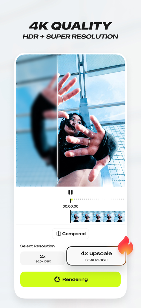 Blurrr-Music video editor - Blurrr app interface showing 4K HDR and super resolution video upscaling feature