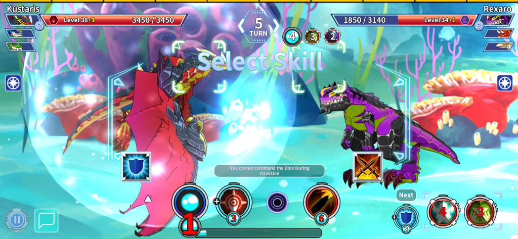 A turn-based 3v3 dinosaur battle scene in the Legendino mobile game showing the skill selection interface.