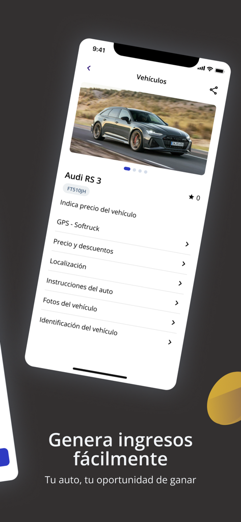 App móvil TripWip mostrando un listado de alquiler de un Audi RS 3