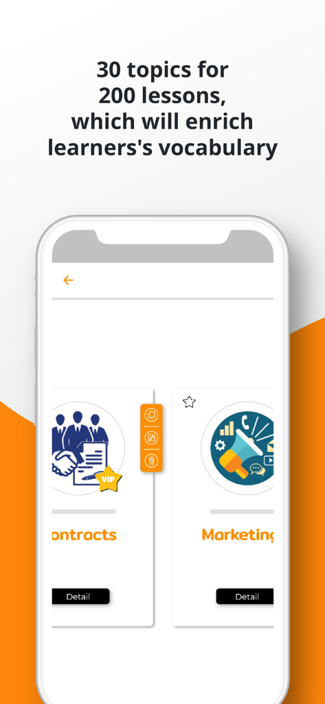 PORO - English Vocabulary - Mobile app interface displaying English vocabulary lessons for business topics like contracts and marketing