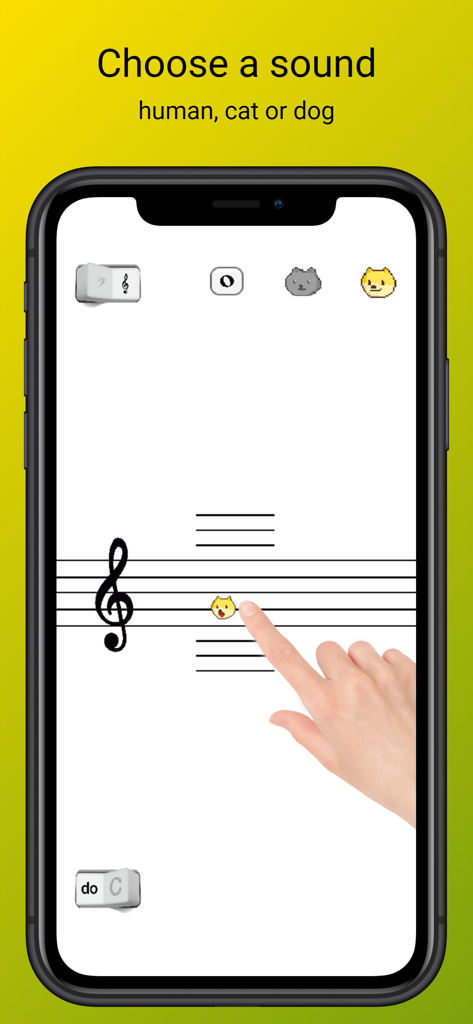 Hand berührt ein Notensystem, um Hundegeräusche in der FurMelody App abzuspielen