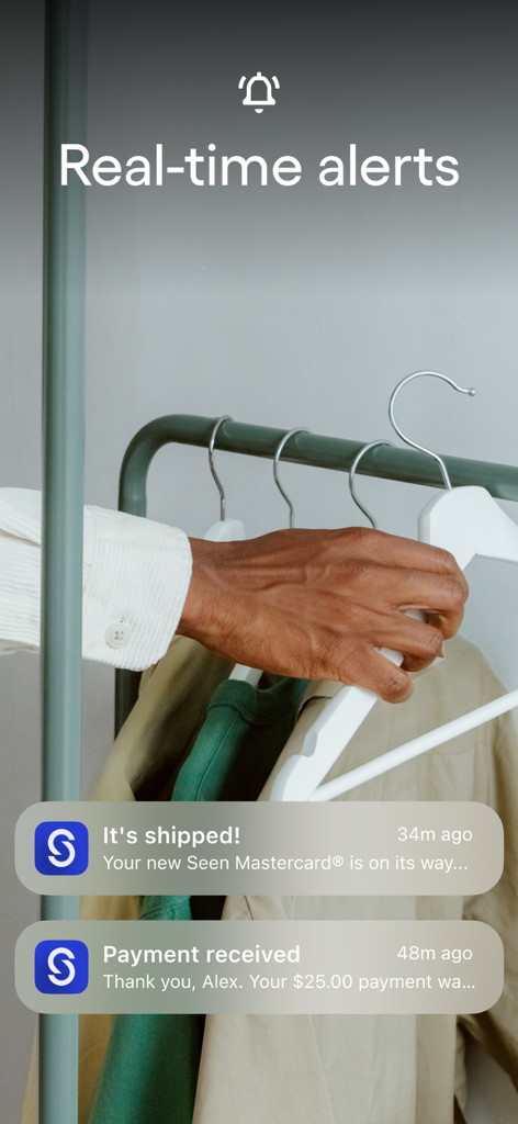 Seen Mobile app push notifications showing real-time alerts for card shipping and payment confirmation