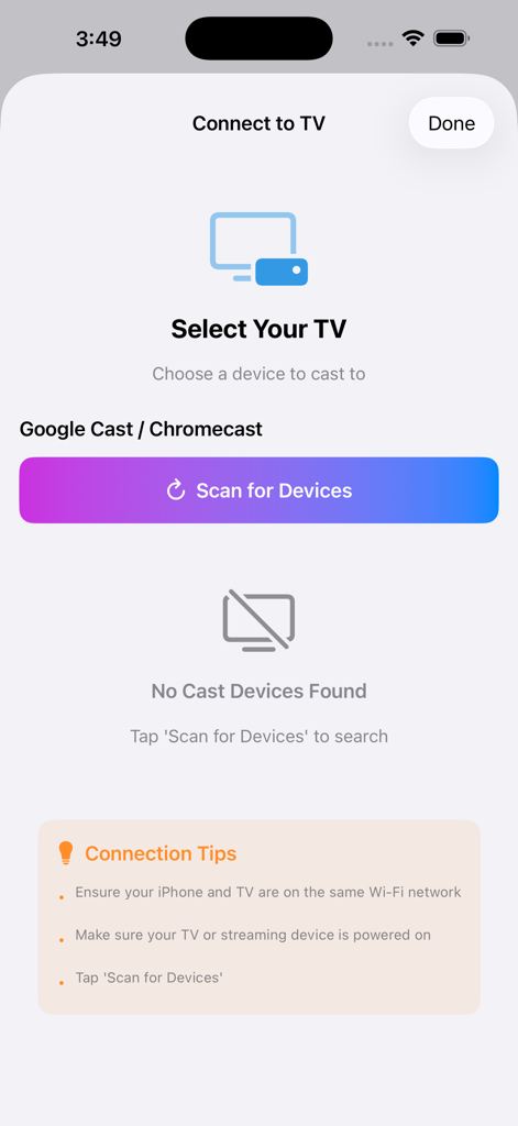 Screen Cast App-Oberfläche, die den Bildschirm „Mit TV verbinden“ mit einer Schaltfläche „Geräte suchen“ und Verbindungstipps zeigt.
