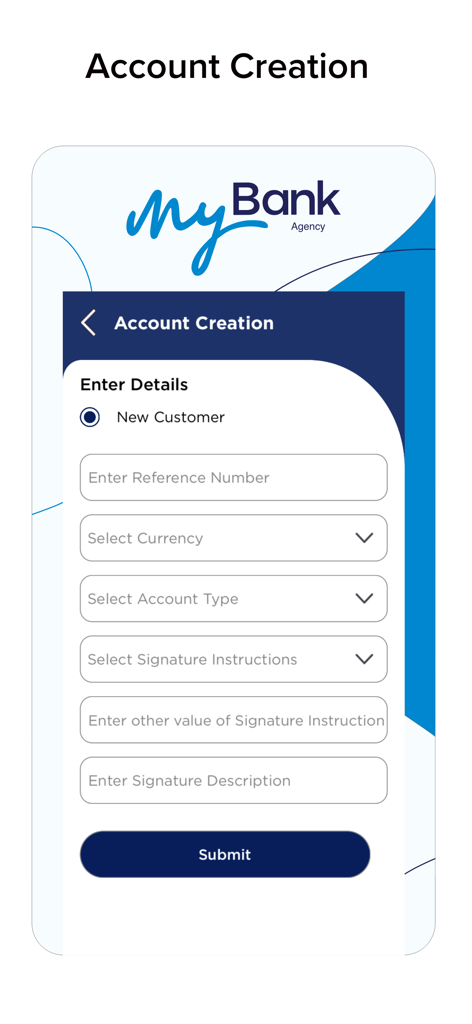 Account creation screen for the MyBank Agency mobile app showing a registration form with fields for currency and account type