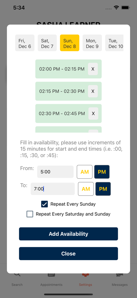 MTutor - Interfaz de programación de tutores en la aplicación MTutor que muestra opciones para agregar y repetir franjas de disponibilidad.