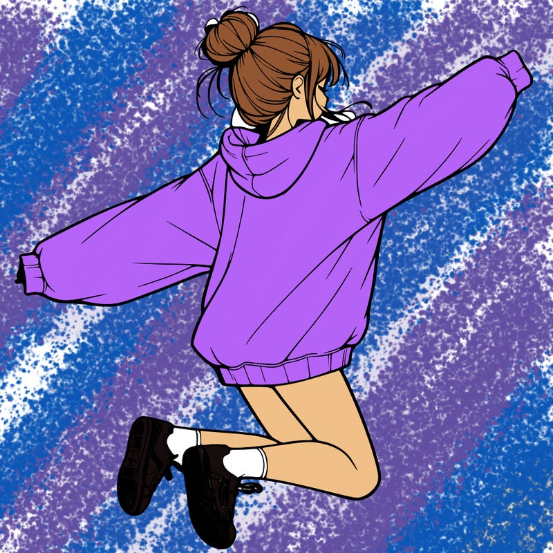 realistic girl jumping with a bun and oversized sweatshirt