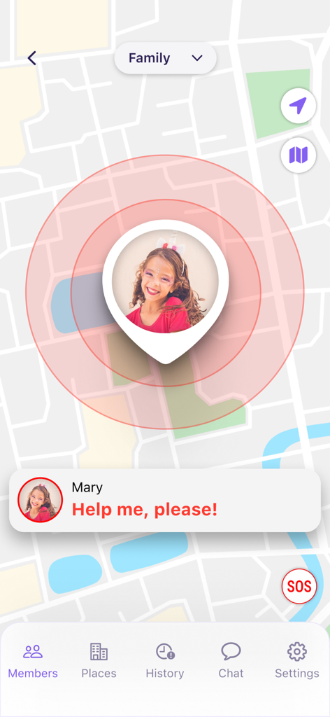 Interfaz de la aplicación de localización familiar que muestra una alerta de emergencia SOS de un niño en un mapa
