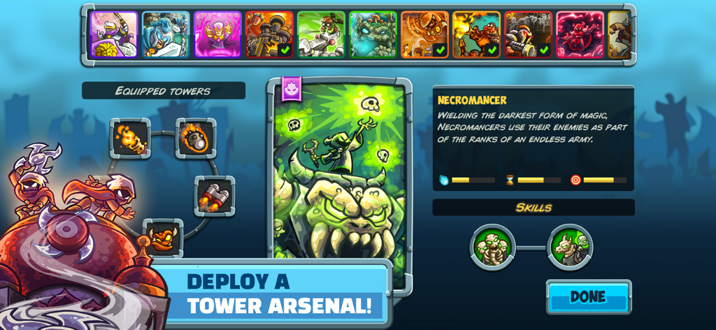 Kingdom Rush 5: Alliance TD - Menú de selección de torres de Kingdom Rush 5 Alliance presentando la carta del Nigromante con estadísticas y habilidades.