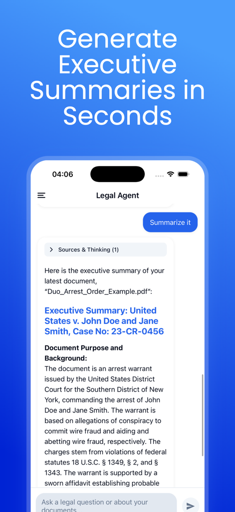 Tela de smartphone mostrando o aplicativo v-Lawyer gerando um resumo executivo de IA para um caso jurídico