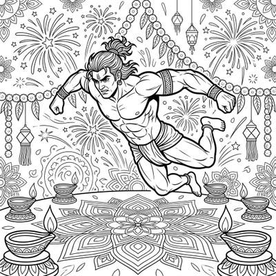Capture the vibrant energy of Diwali with this unique coloring page featuring a powerful wrestler in mid-flight. Dive into a scene bursting with festive fireworks, traditional diyas, and intricate rangoli patterns, ready for your creative touch.