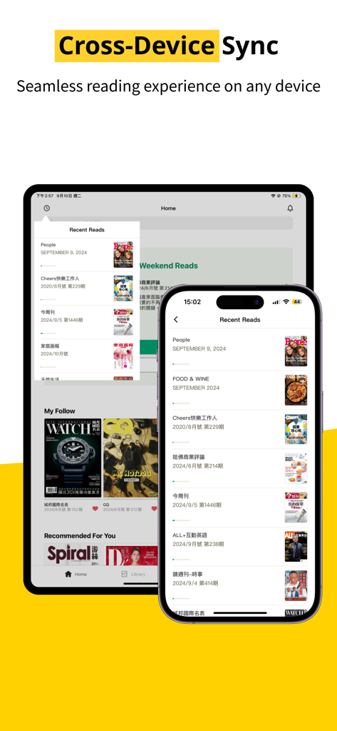 Kono Digital Magazines - Kono Digital Magazines app showing cross-device sync on iPhone and iPad