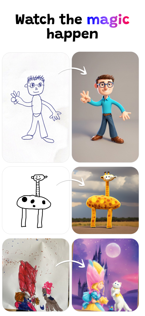 Drawings Alive AI: Sketch & 3D - Examples of child sketches transformed by AI into a 3D character, a plush giraffe, and a magical painting