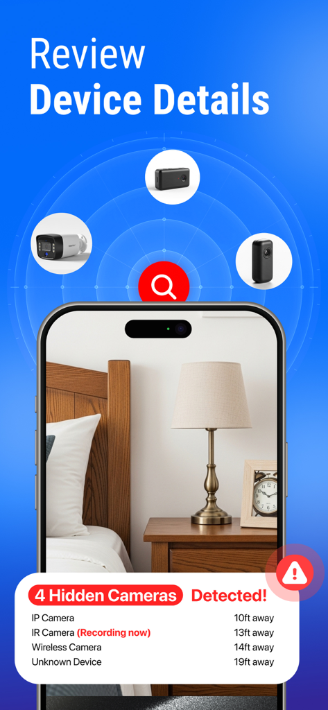 Spy360: Device Finder - Smartphone screen showing the Spy360 app detecting four hidden cameras in a bedroom with distance alerts