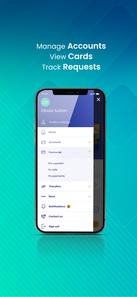 SIB Digital - SIB Digital 모바일 뱅킹 앱 인터페이스, 계좌, 결제, 송금 옵션이 있는 기본 탐색 메뉴 표시.