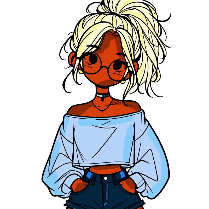 girl with a messy ponytail glasses a baggy crop top and jean shorts