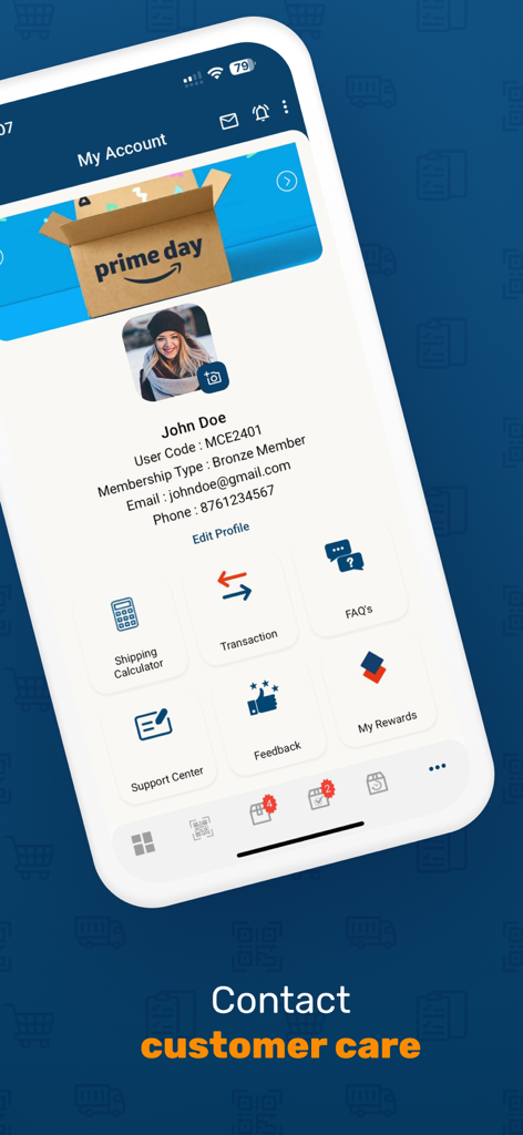 Mycart Express - Mein Konto-Bildschirm in der Mycart Express App, der Benutzerprofildetails und Symbole für das Support-Center anzeigt