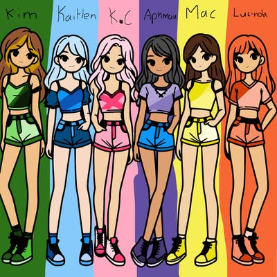 a group of girls wearing crop tops and shorts