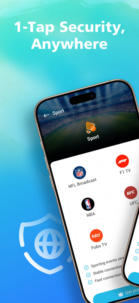 iPhone-Anzeige der Secure VPN-App-Oberfläche mit Sport-Streaming-Servern für NFL, NBA und F1 TV