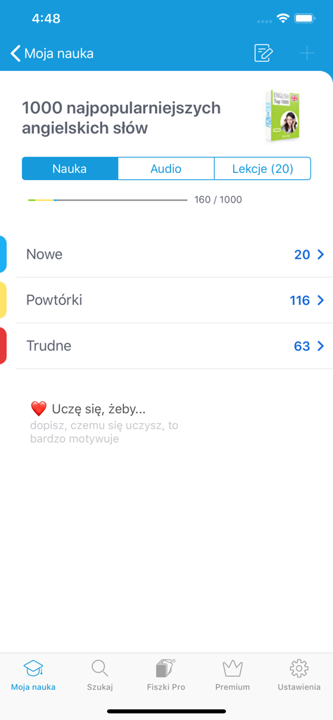 Dashboard of Fiszkoteka app showing progress in an English language course