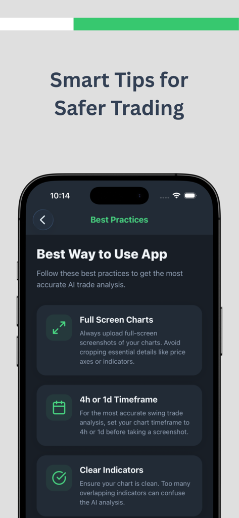 Snap Forex: AI Trade Analyst - Snap Forex app screen displaying smart tips for safer trading and best practices for AI analysis.