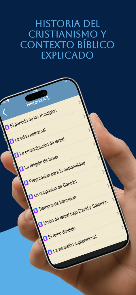Estudio Biblia Reina Valera - Pantalla de la aplicación móvil mostrando historia bíblica y contexto cristiano en español.