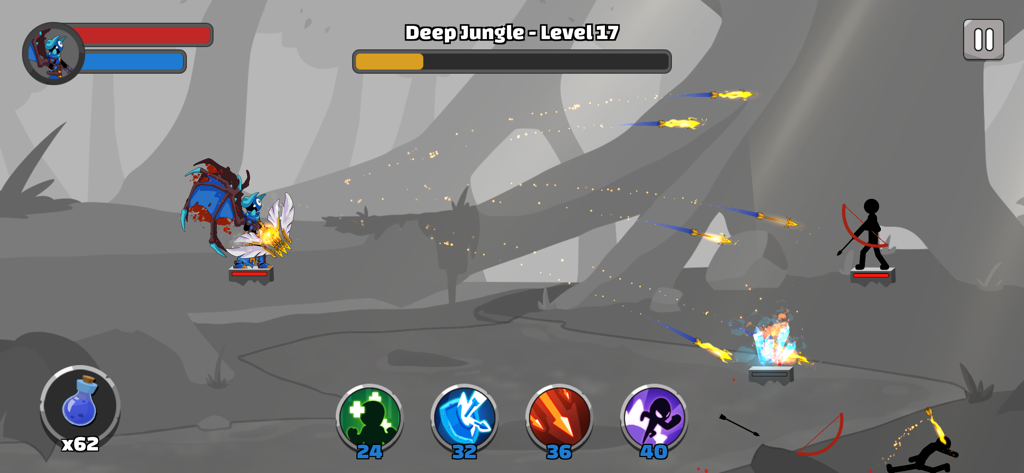 Stickfight Archer - A winged stickman hero fires multiple flaming arrows at an enemy in the Deep Jungle level.