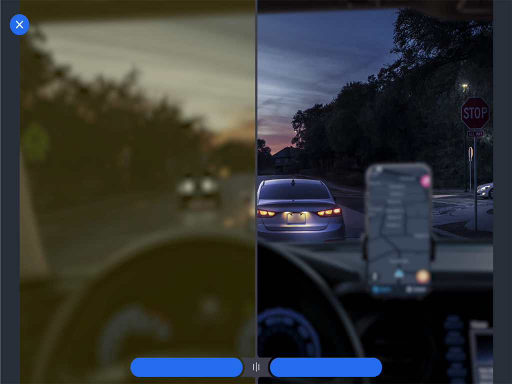 A split screen comparing blurry night vision from cataracts to clear vision after IOL treatment.