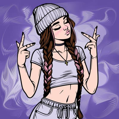 realistic teenage girl with braids and a beanie and crop top doing 🫶🏼