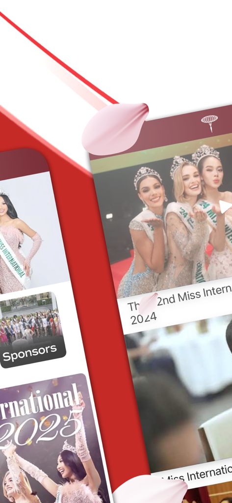 Capturas de tela do aplicativo Miss International mostrando fotos de candidatas e detalhes de eventos do concurso