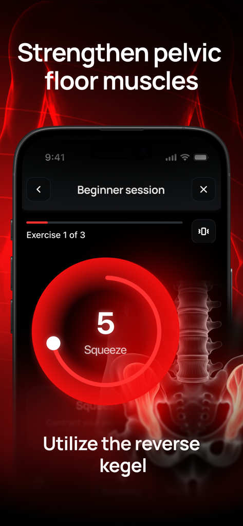 Stamena app screen displaying a beginner session to strengthen pelvic floor muscles with a squeeze exercise timer.