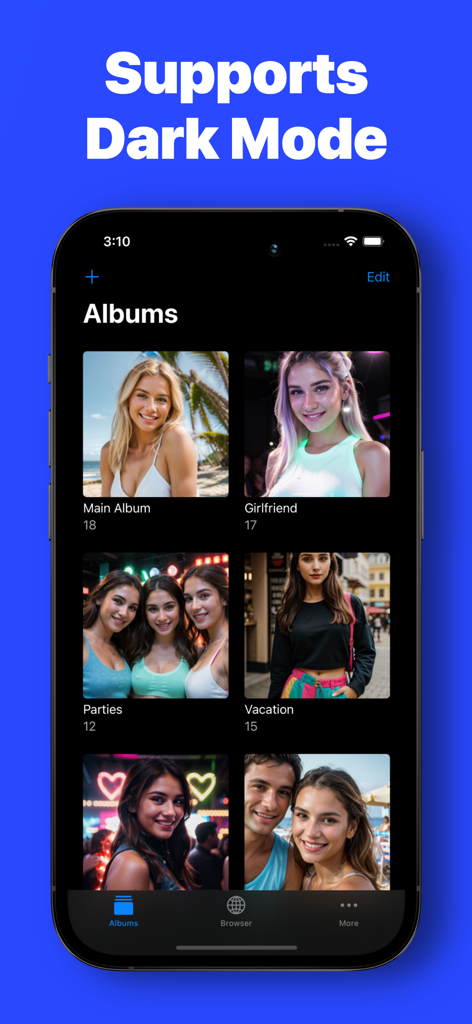 Photo Lock App-Oberfläche mit mehreren Fotoalben im Dunkelmodus auf einem iPhone
