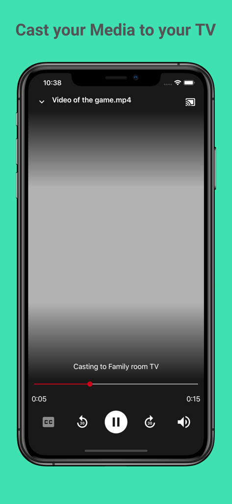 OfflineMedia - Files Player - Interfaz de la aplicación OfflineMedia mostrando un vídeo siendo transmitido desde un iPhone a un televisor.
