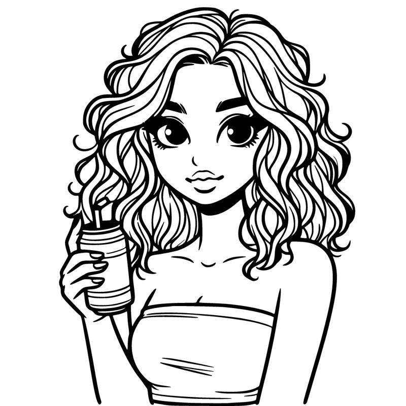 realist girl with wavy hair and tube top holding a soda