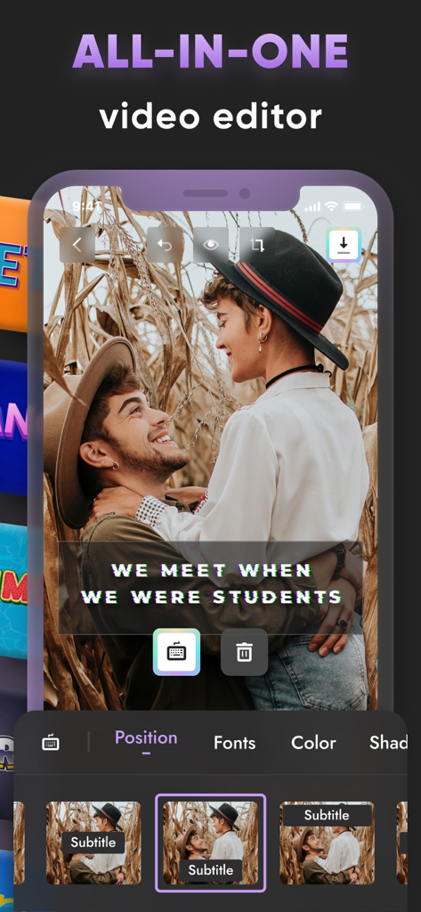 動画にテキストオーバーレイと字幕カスタマイズツールが表示されている、オールインワン動画エディターのモバイルインターフェース。