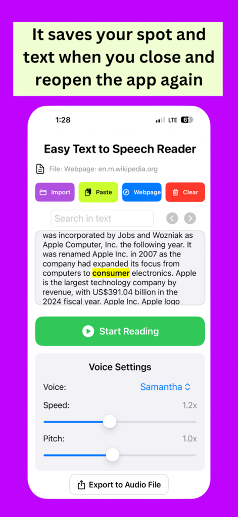 Easy Text to Speech Reader Pro - Aplicación Lector Fácil de Texto a Voz Pro que muestra la configuración de voz y la función de resaltado de texto