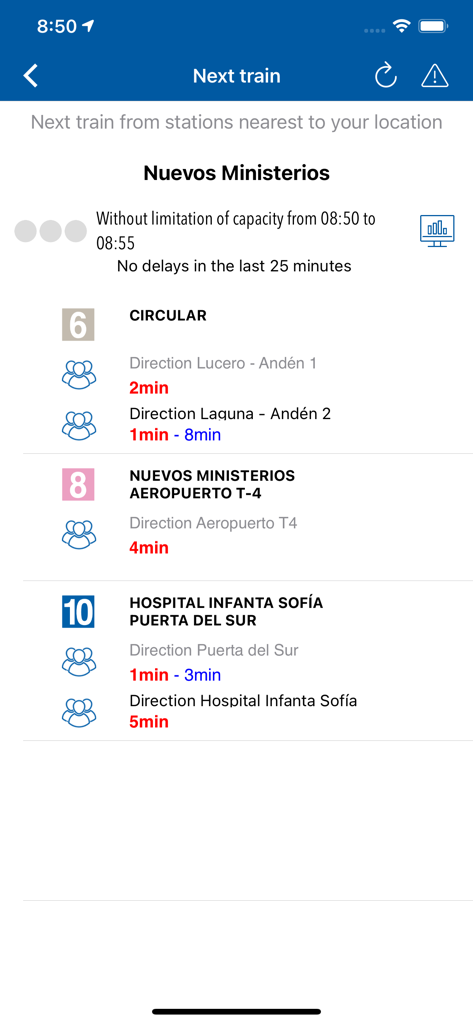 Official Metro de Madrid - Orari di arrivo dei treni in tempo reale per la stazione Nuevos Ministerios nell'app Metro Ufficiale di Madrid.