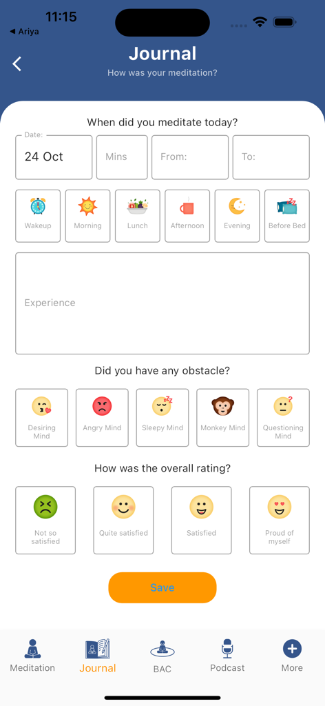 EnlightenMe 앱의 명상 저널 화면, 세션 시간 기록 및 기분 추적 이모티콘 포함