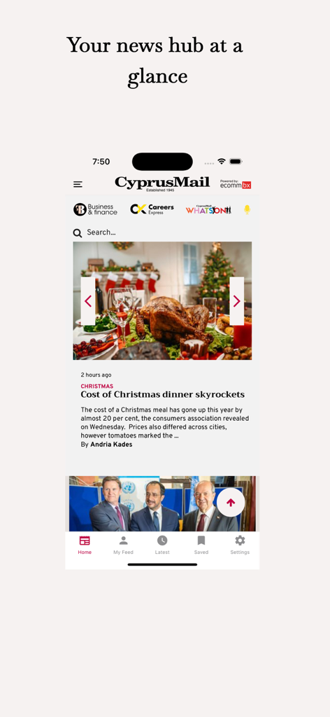 Home screen of the Cyprus Mail app featuring latest news headlines and topical categories.